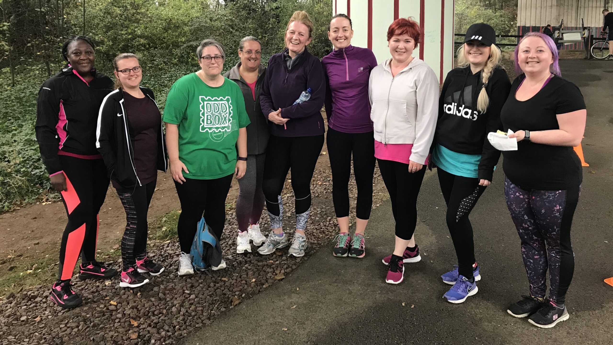 9 absolute queens including Charlotte lined up for a photo under the famous Grangemoor parkrun flyover having just completed their final Couch to 5k run. 